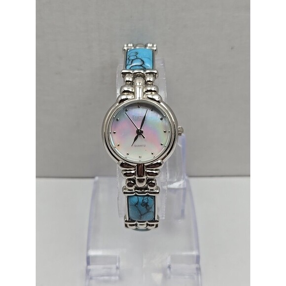 Womens Kristine Silver Tone Faux Turquoise Link Bracelet Watch New Battery Boho - Picture 1 of 9
